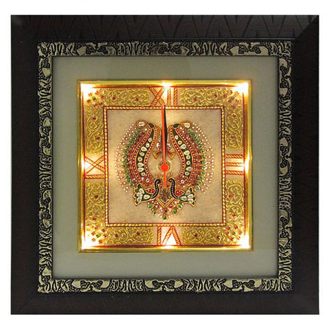 eCraftIndia Golden Color Designed Marble Wall Clock With Wooden Frame